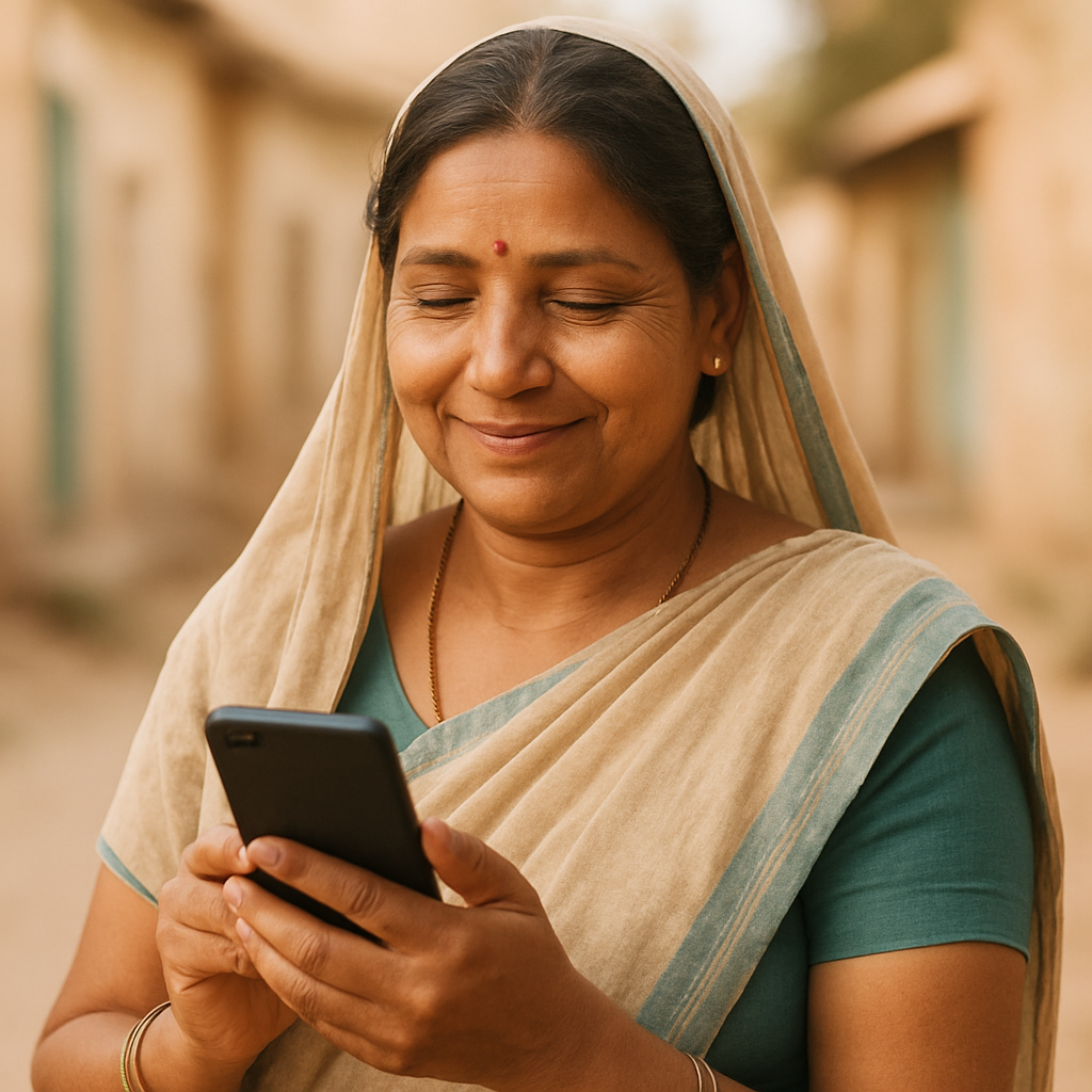 A woman in small-town Rajasthan using the Ayurei health app on her phone